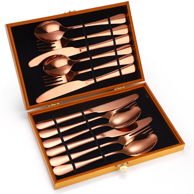 Juego de vajilla de acero inoxidable 1010 Cuchillo, tenedor y cuchara Caja de madera Juego de 12 piezas Juego de 16 piezas Juego de 24 piezas Juego de 36 piezas