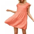 thumbnail image 4 of Women's Loose V-neck Auricular Short-Sleeve Pleated Dress Summer Women's Casual Solid Color Dress Lovely Girl, 4 of 5