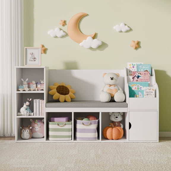 Zidtia Kids Bookshelf with Reading Nook & Seat Cushion, 7 Storage Cubbies, Bedroom, Playroom, Nursery, White