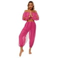 thumbnail image 4 of Linjinx Women Belly Dance Outfits Sequin Long Sleeve Off Shoulder with Pants Set Carnival Hot Pink One Size, 4 of 6