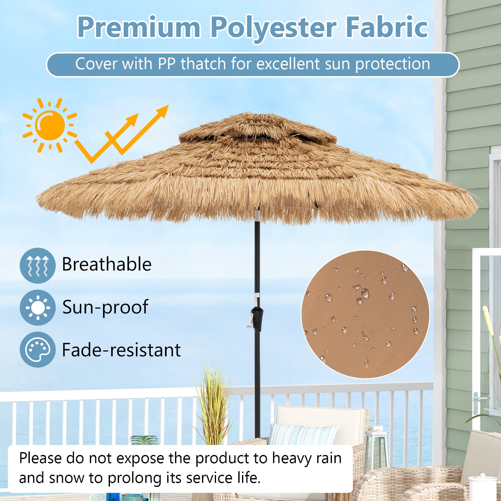 Gymax 7 FT Hawaiian Style Umbrella Sun-proof Thatched Patio Tiki Umbrella w/8 Ribs
