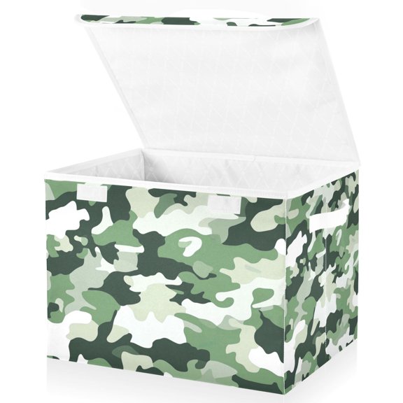 Yayeee Collapsible Cube Storage Bin with Lid Fabric Closet Decorative Basket with Handles, Army Green Camouflage Pattern