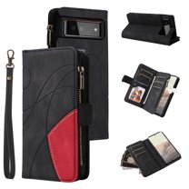 Dteck Google Pixel 6 (2021) 6.4" Wallet Phone Case with 9 Card Holder Zipper Coin Wallet Cash Slot Lanyard Flip Leather Flip Folio Protective Cover,Black