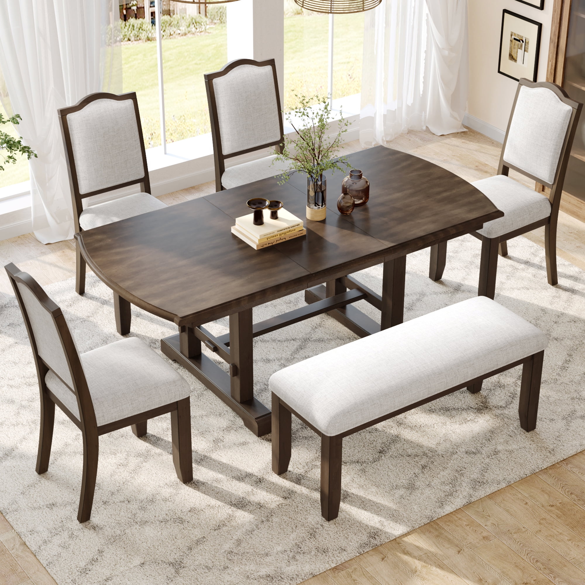 Euroco 6-Piece Dining Table Set for 6-8, 78" Extendable Kitchen Table & Chairs Set with Wood Frame, Brown
