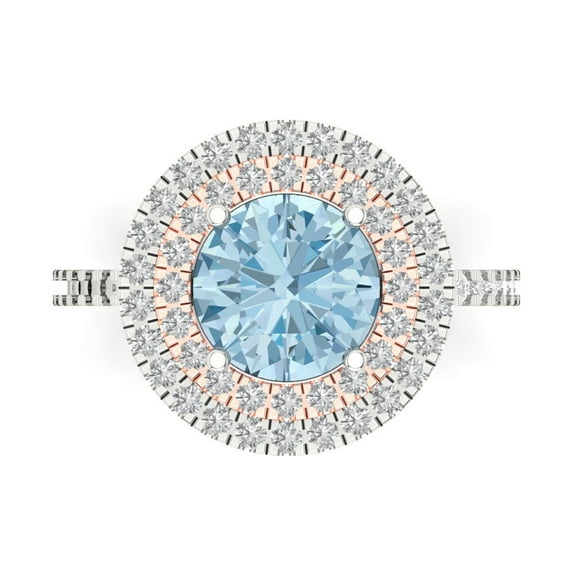 2.6 ct Round Cut Natural Swiss Blue Topaz with Simulated Diamond Halo Accents 14K White/Rose Gold Womens Engagement Ring