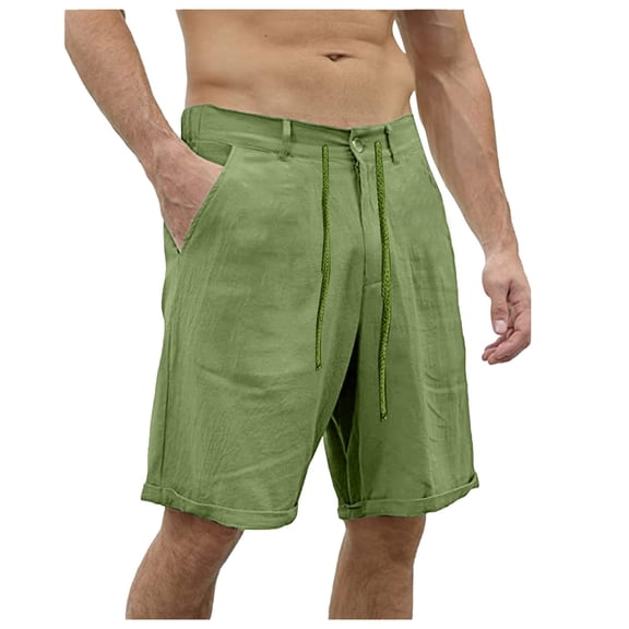 HCNTES Men's Cotton Linen Fit Short Pants with Drawstring Elastic Waist for Men Casual Summer(Green,M)