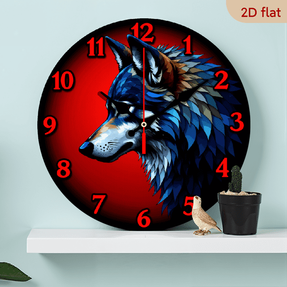 A 10-inch wall-mounted clock featuring a geometric style with a blue flame wolf head as the theme. The orange-red numbers clash with the sharp eyes, creating a wild tension.