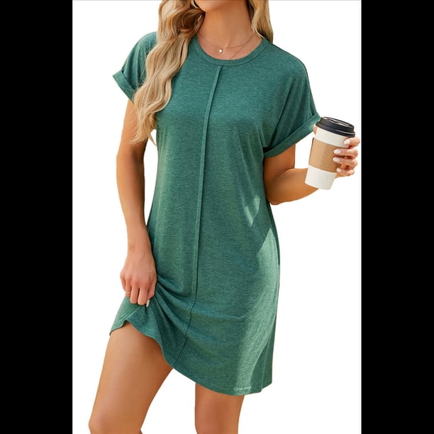 Vestido Camisero de Verano para Mujer, Informal, con Mangas , Cuello Redondo, Holgado, Minivestido Verde Tinta, Talla L