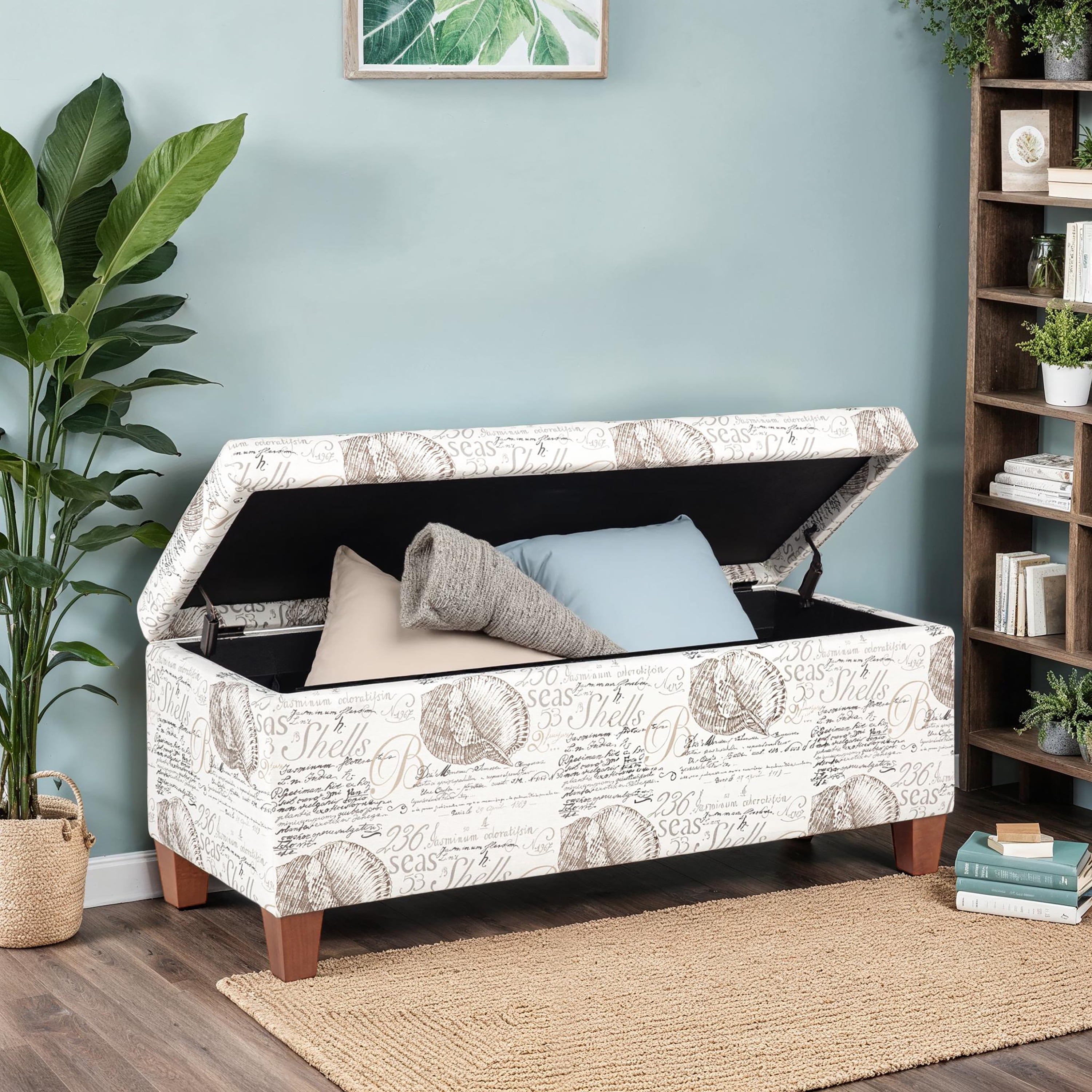 Linon Carmen Upholstered Storage Ottoman, Beige Ocean Seashell