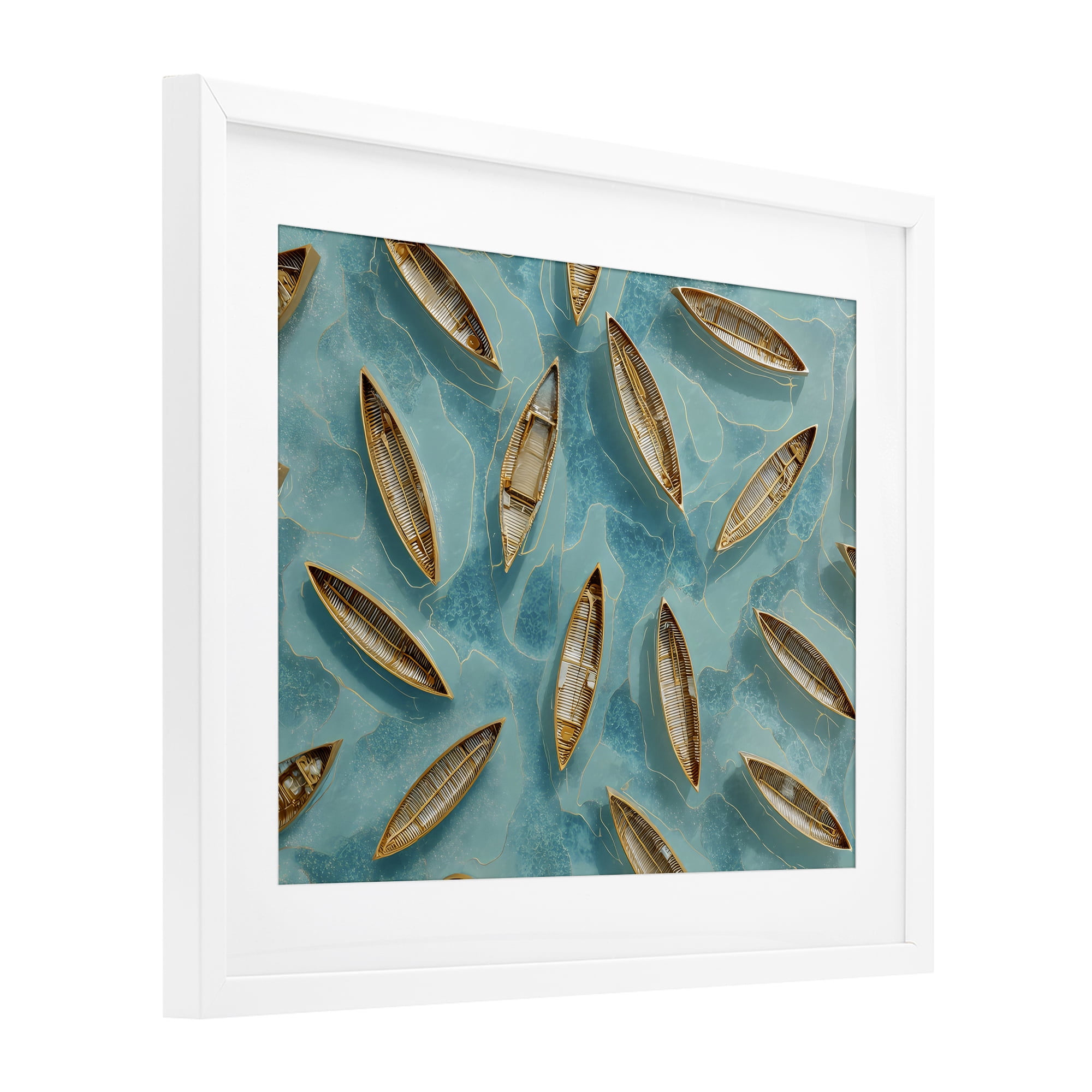 Harmonious Canoes on Water White Framed Print Under Glass, design by Franklyn Gregory