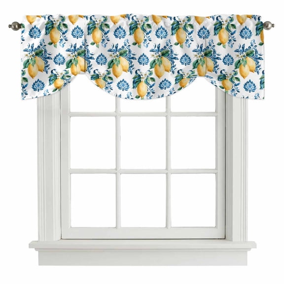 Blue Flowers Tie Up Valance Curtains for Windows, Kitchen Curtains Window Treatments, Yellow Lemons Summer Fruit Pastoral Short Window Shades Valances for Bedroom Bathroom Cafe 42"x12"