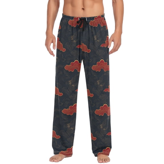 Men's Lightweight Pajama Bottoms Black Background with Red Clouds Stretch Elastic Waist Side Pockets Spring Fall