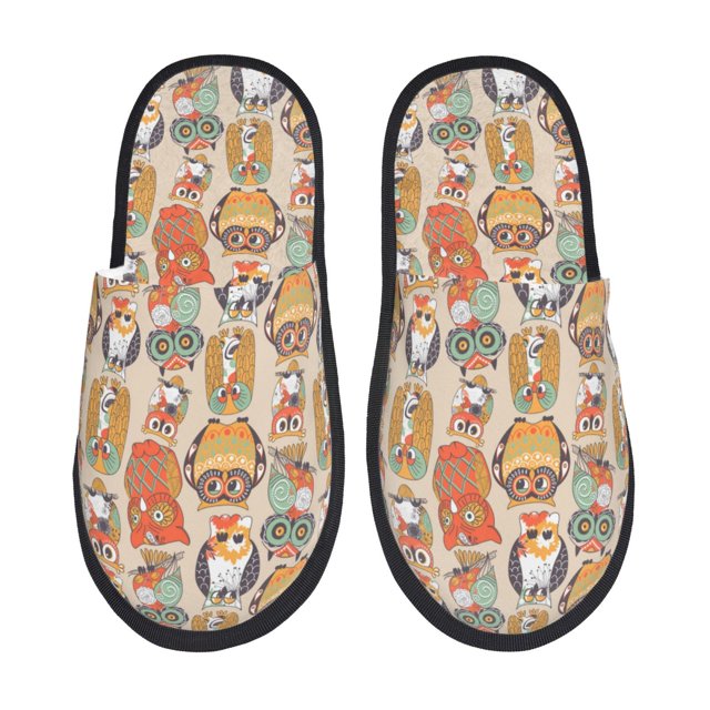 Lsque Colorful Owls Print Fuzzy Slippers Fuzzy Soft House Slippers Plush Furry Warm Cozy Open Toe Fluffy Home Shoes-Medium
