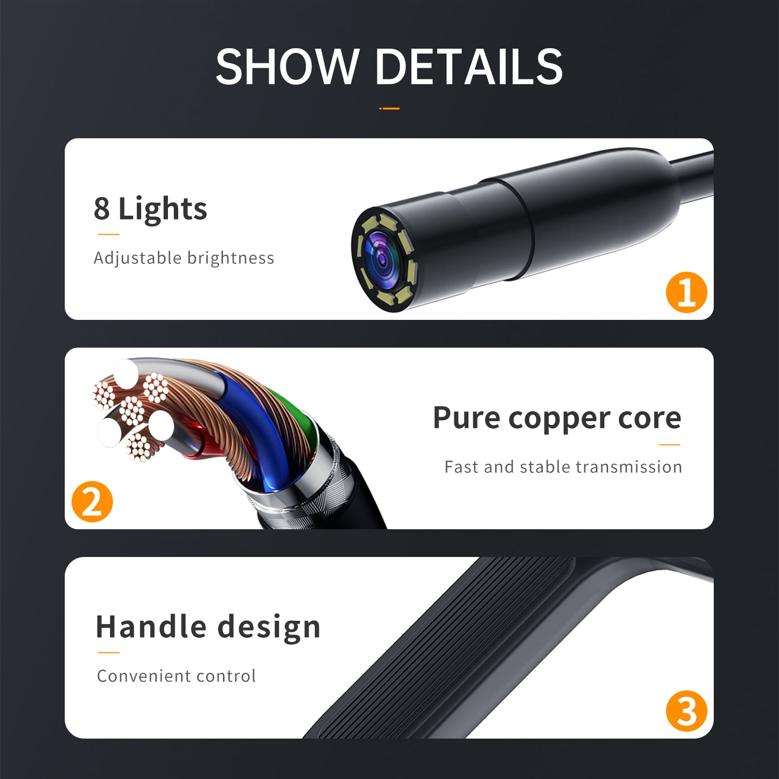 Endoscope Inspection Camera Dual Lens Inspection Camera With Light 2m/32.8FT Industrial Borescope IP67 Waterproof Flexible Cable Sewer Camera 1080P HD Borescope Inspection Camera