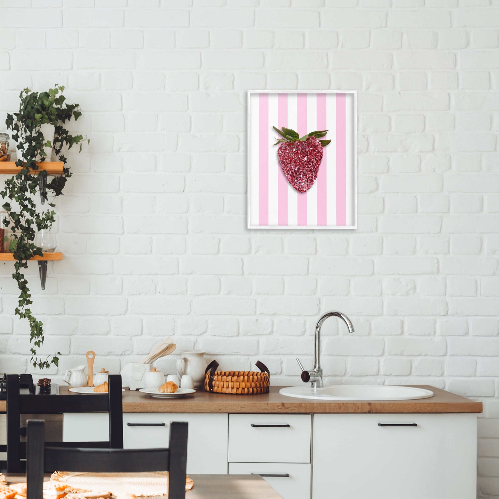 Stupell Industries Glimmer Strawberry on Green Stripes White Framed Giclee Art, design by LISH Creative