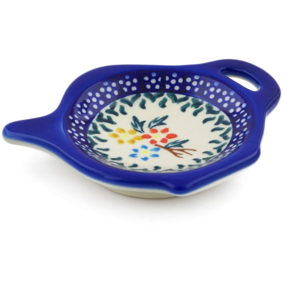 Polish Pottery 4¼-inch Tea Bag or Lemon Plate (Spring Flower Ring Theme) Hand Painted in Boleslawiec, Poland Certificate of Authenticity