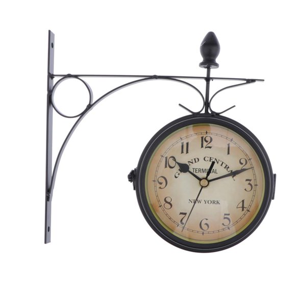 Rongfmy Horloge Murale de Station de Jardin Extérieure à Double Face avec Support Extérieur, Décorative, Noire