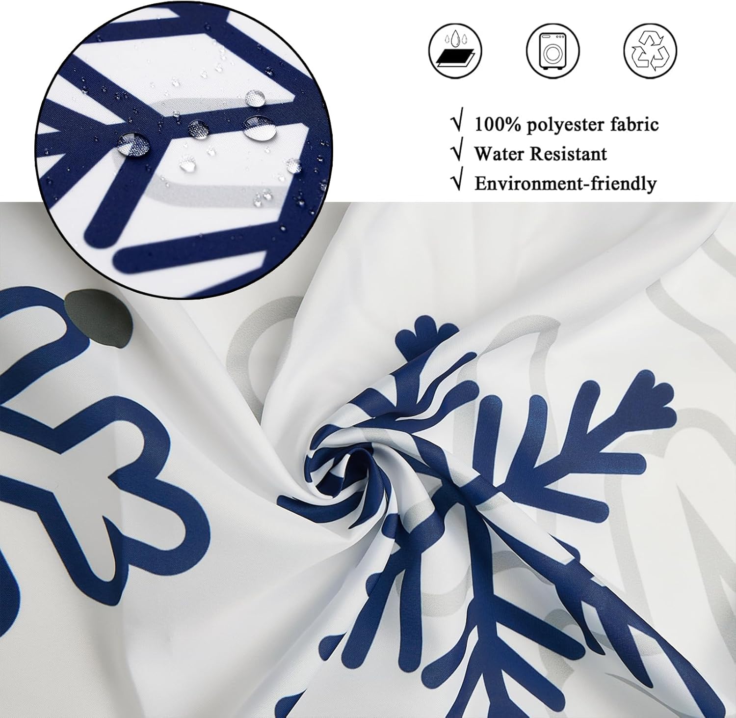 Christmas Shower Curtain, Blue Xmas Snowflake White Background Winter New Year Holiday Bathroom Curtain Waterproof Fabric Machine Washable with Hooks, 36" Wx72 L