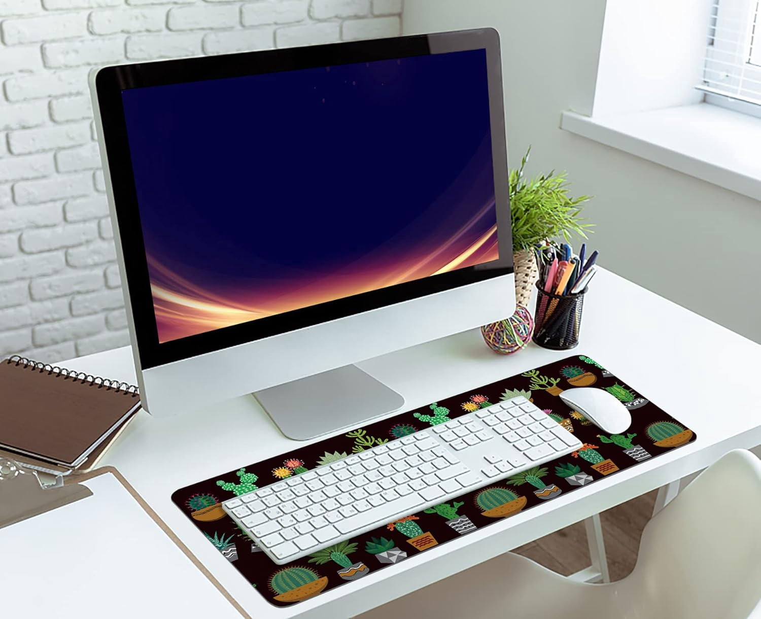Cactus and Succulents Desk Mat,Cute Plant Extended Gaming Mouse Pad,Large Non-Slip Rubber Base Mousepad with Stitched Edges,Waterproof Mouse Mat Desk Pad for Office Game Home 35.4x15.75 in