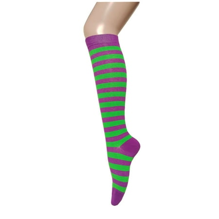 

Halloween Witch Costume Purple with Green Color Zebra Stripes Tube Knee High Socks for Women and Girls