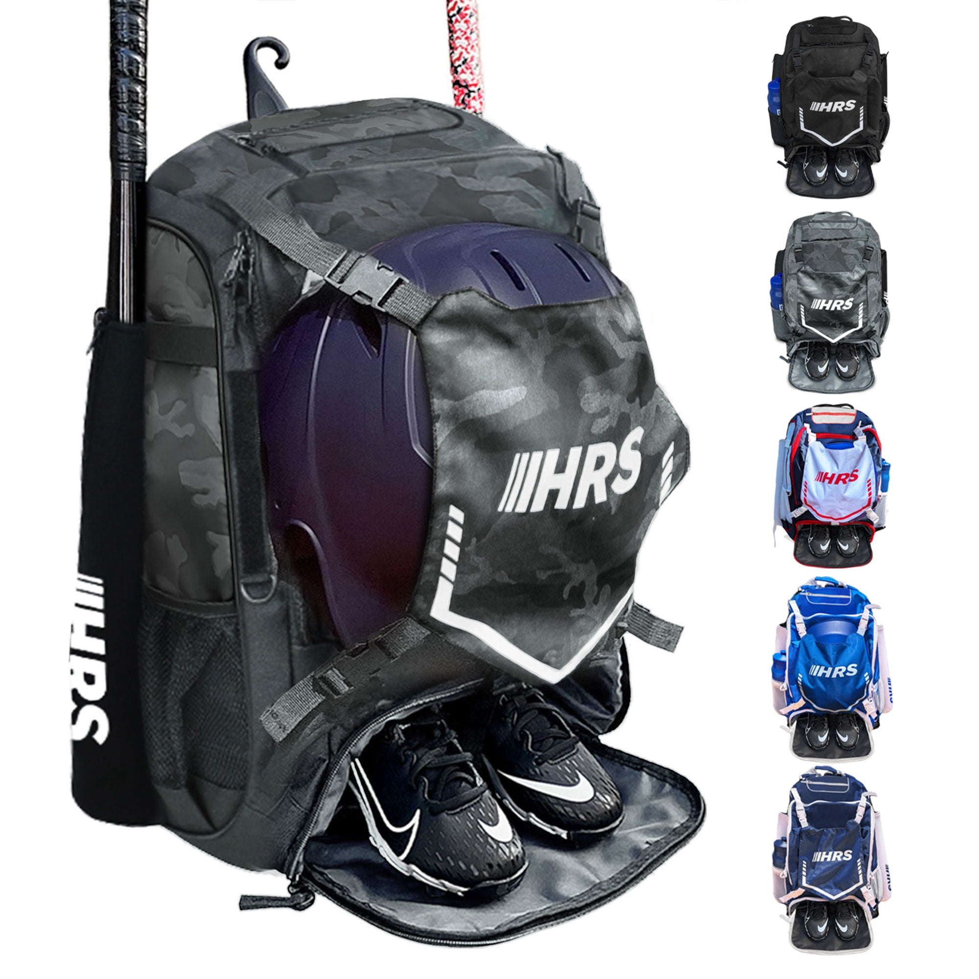 Hit Run Steal Bat Bag Backpack, Holds 4 Bats, Glove, and Helmet, Gray Camo