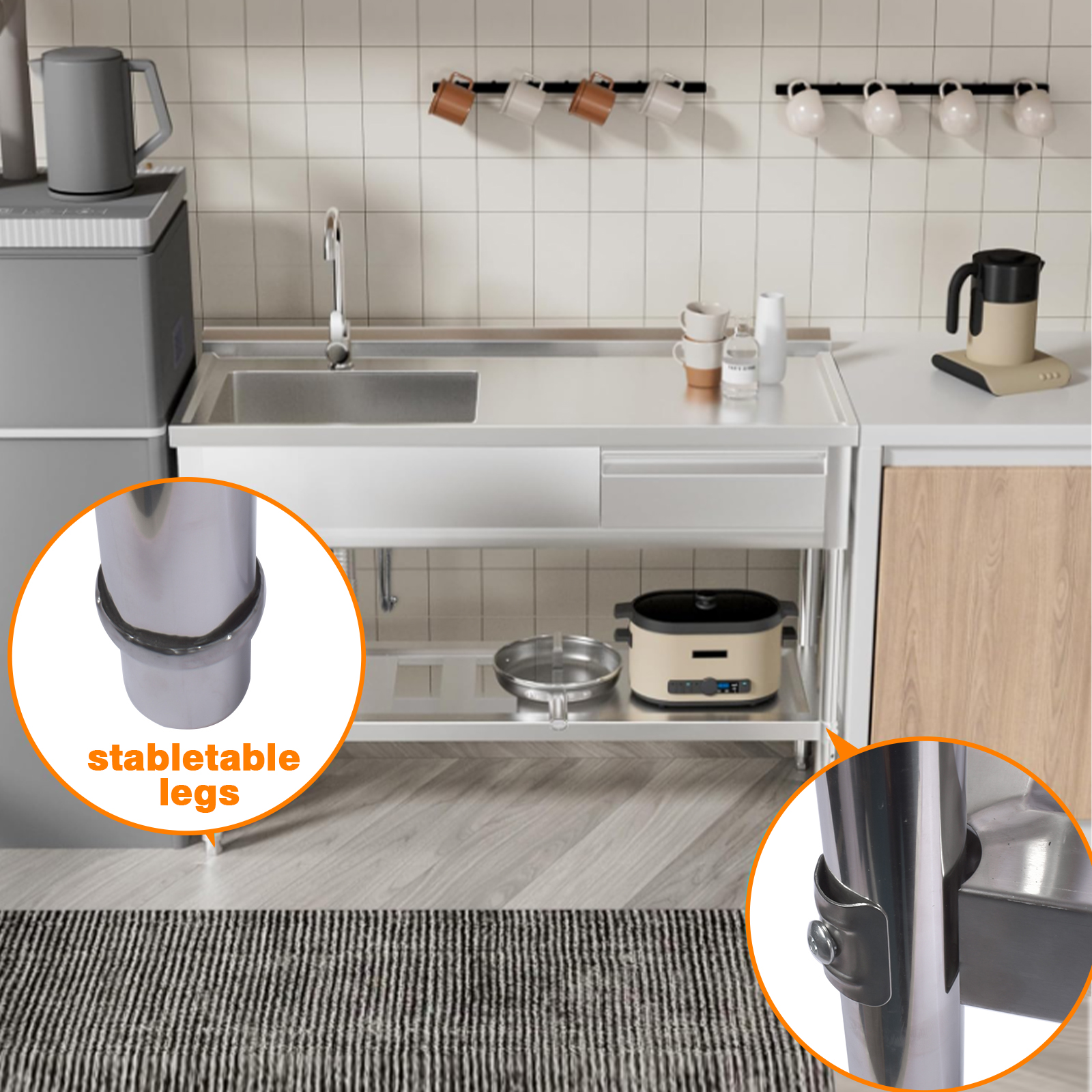 GELUOXI 39.3*19.6 in Stainless Steel Utility Sink, single bowl with right drainboard, pull-out faucet, hot/cold pipes, drawer, for indoor/outdoor use in kitchens, laundry rooms, or farmhouses