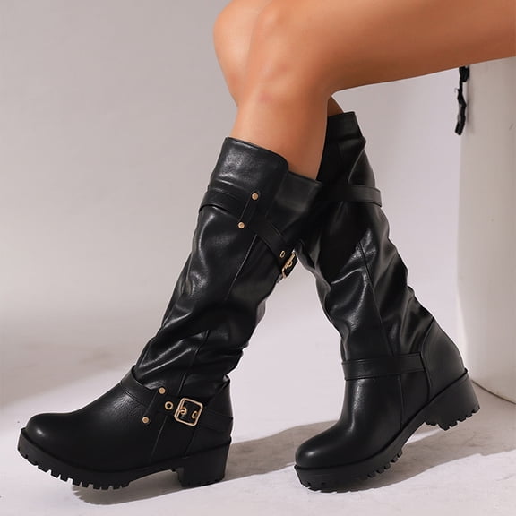 OKBOP Women's Motorcycle Boots Buckle Strap Slouchy Mid Calf Chunky Heel Shoes