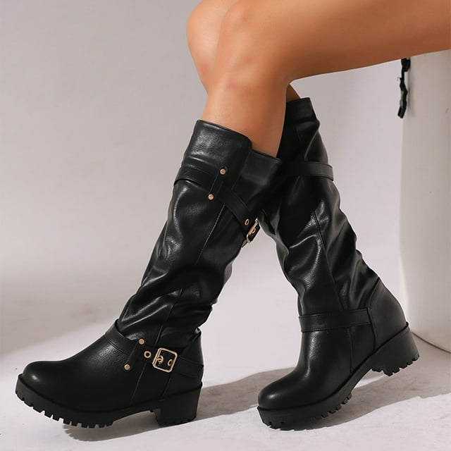 zhenglin Bottes Hautes pour Femmes - Mode Décontractée Polyvalente Design à Boucle Audacieuse Style Automne Hiver Confortable Talon Épais