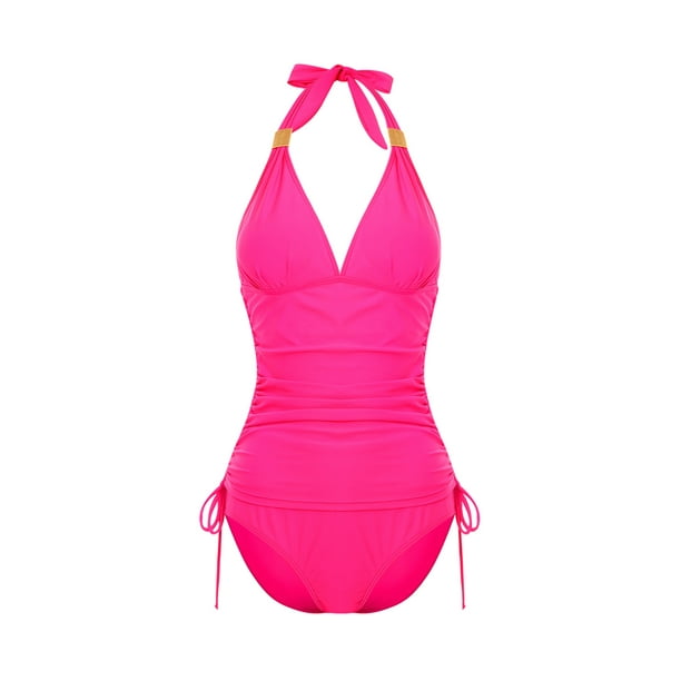 VISgogo Traje de baño femenino de 2 piezas, camisola de cuello halter de color sólido con cordón + bragas de bikini para mujer, S / M / L / XL / XXL VISgogo moda