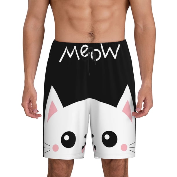 Balery Cat Meow Pantalones cortos de pijama de punto de algodón para hombre con cinturilla y bolsillos-Small