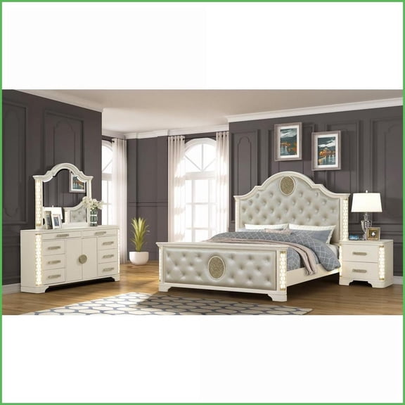 Bedroom Set, Queen 4-Piece Traditional-Modern Wood with LED/Corner Lights, Beige | Wood | Standard Beds