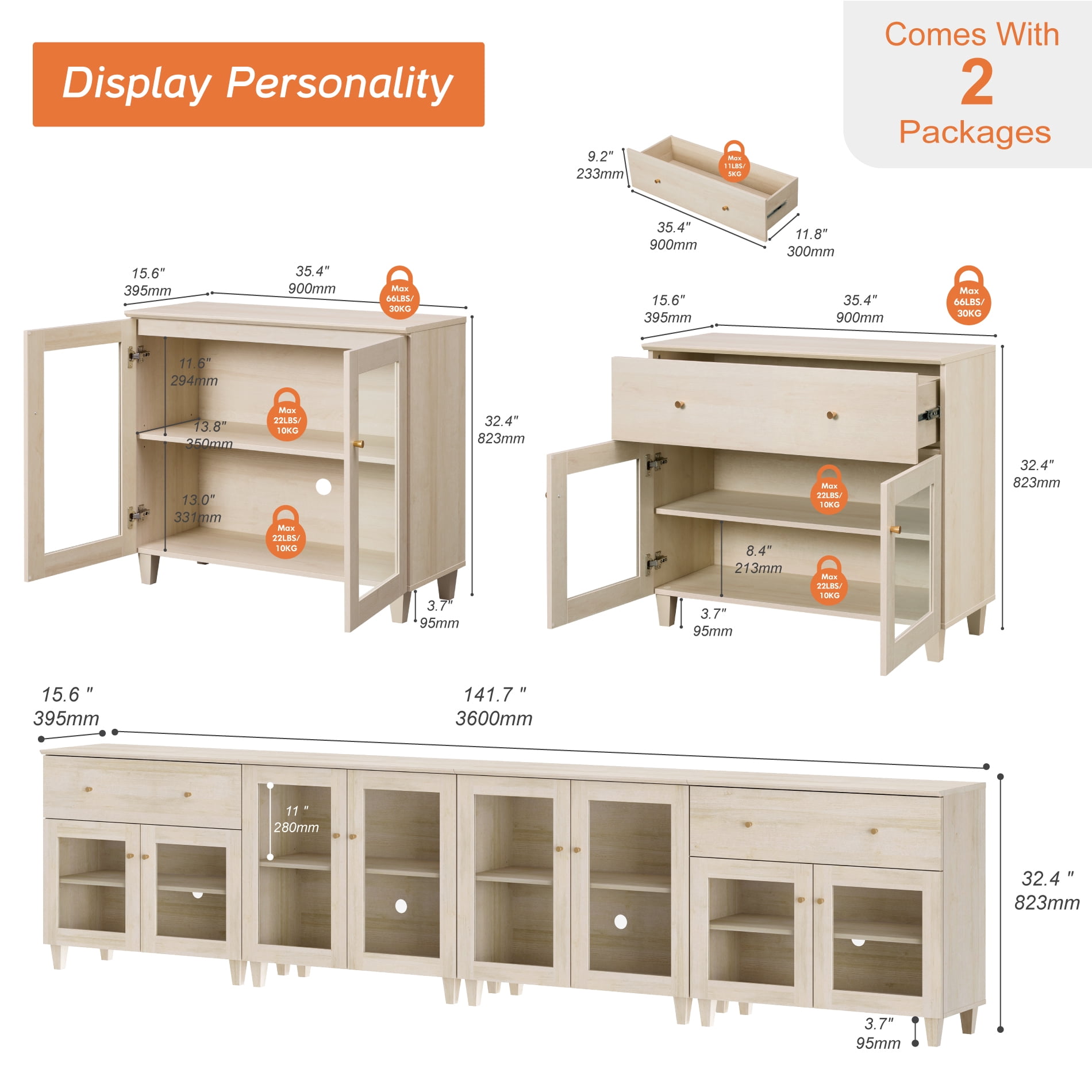 Modern Glass‑Door Combo Dresser, Bedroom Modular Organizer – 2 Wide Drawers, 2 Adjustable Shelf & 2 Fixed Shelves, Anti‑Tip, Light Oak, 142" W