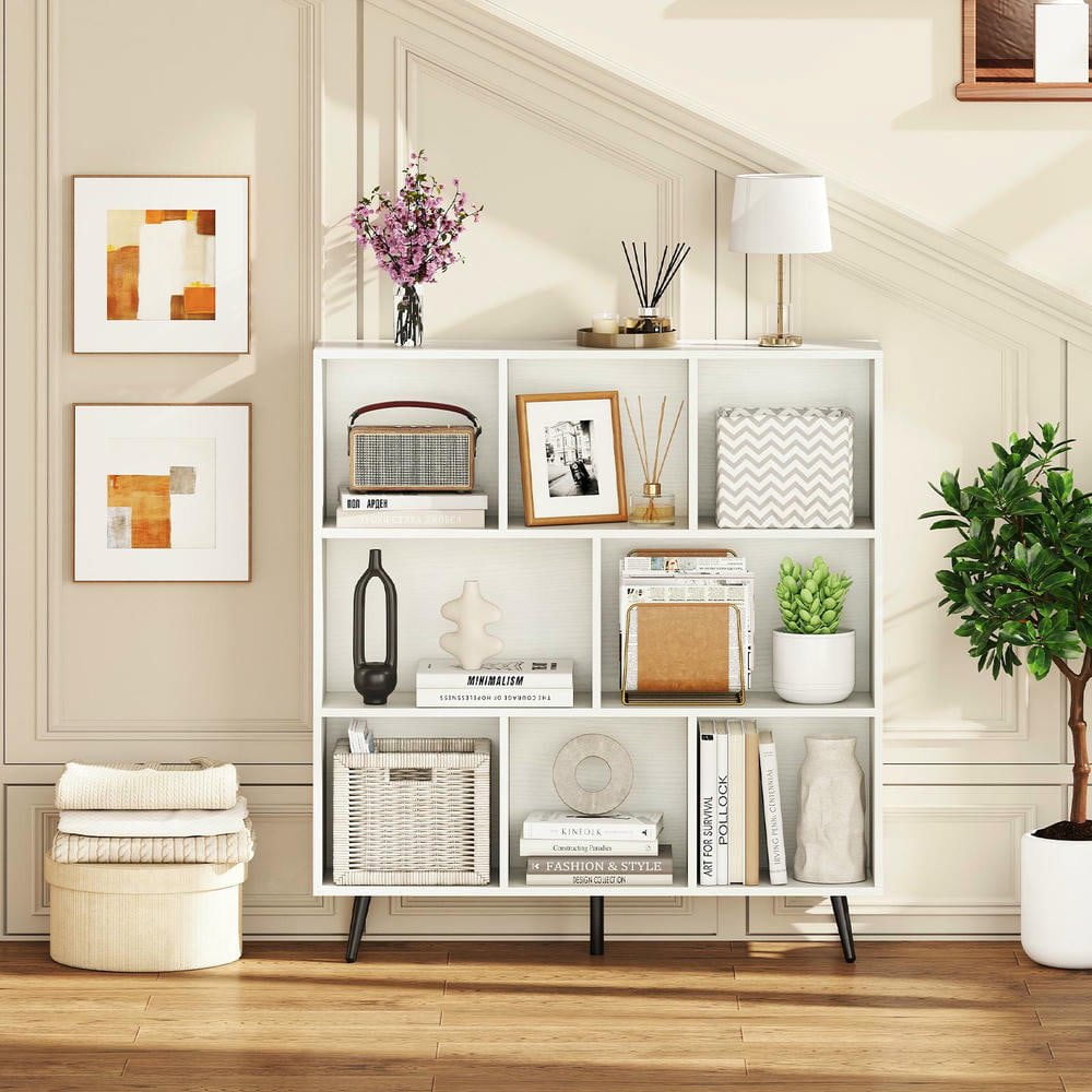 Resenkos 8-Cube Bookcase with 5 Tapered Metal Legs for Modern Decor - White/Black