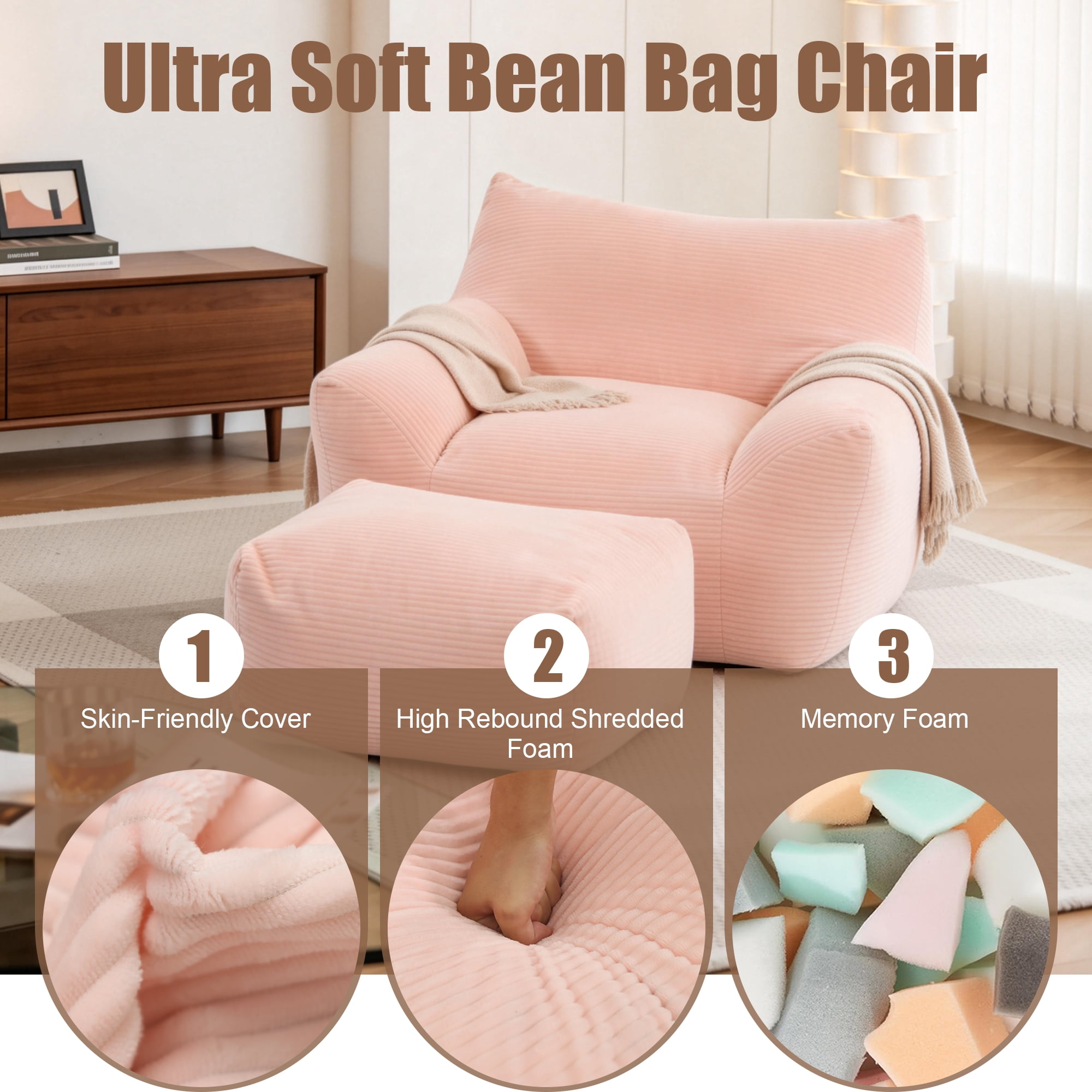 Bean Bag Chair for Adults, Oversized Comfy Beanbag Living Room Lazy Sofa for Bedroom & Dorm