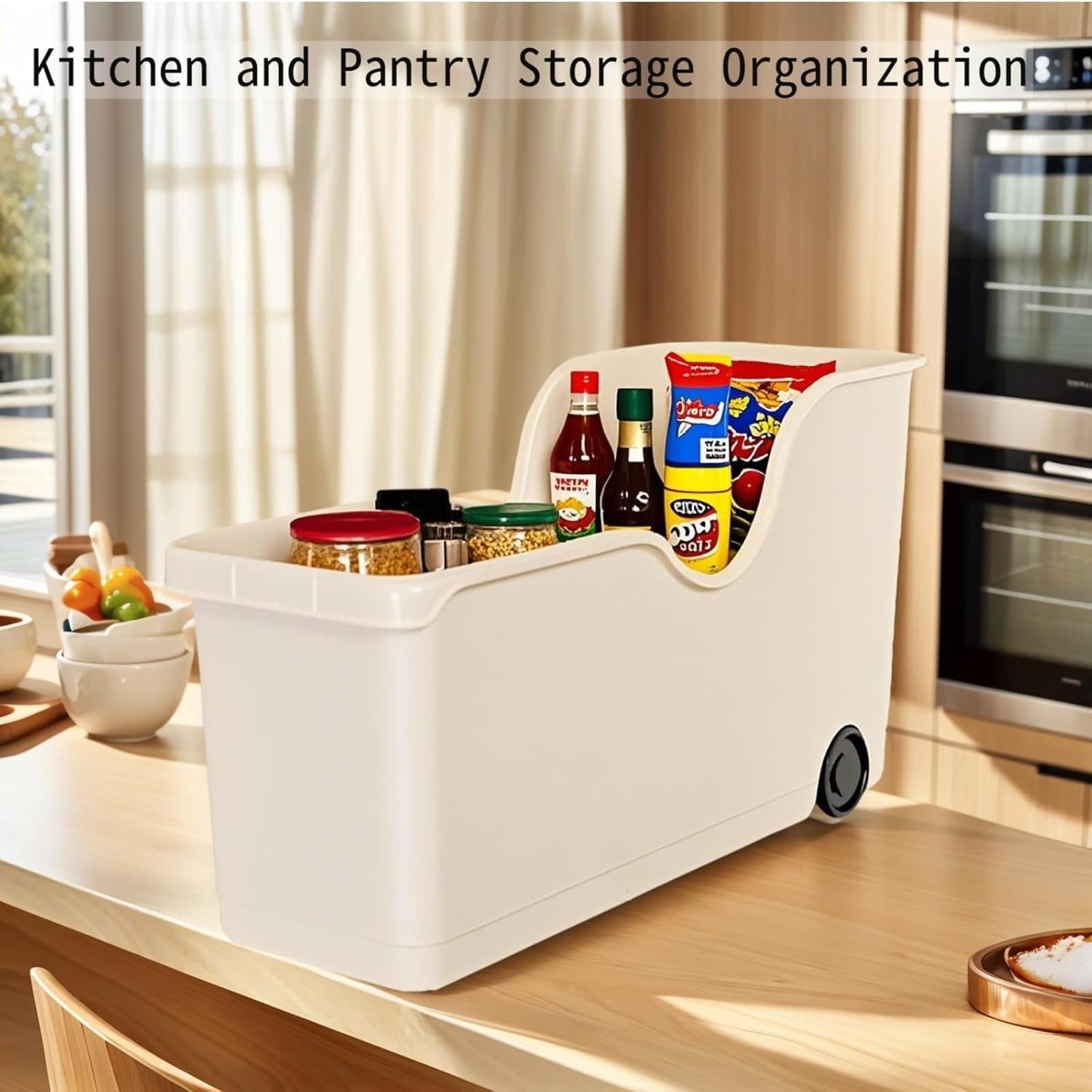 New Pull Out Cabinet Organizer Bin with Roll Wheels, Kitchen Bathroom Cabinet Under Sink Organizer and Storage, Multi-Use Cabinet Organizer Basket for Pantry Garage Shelves High Cabinets (Large)