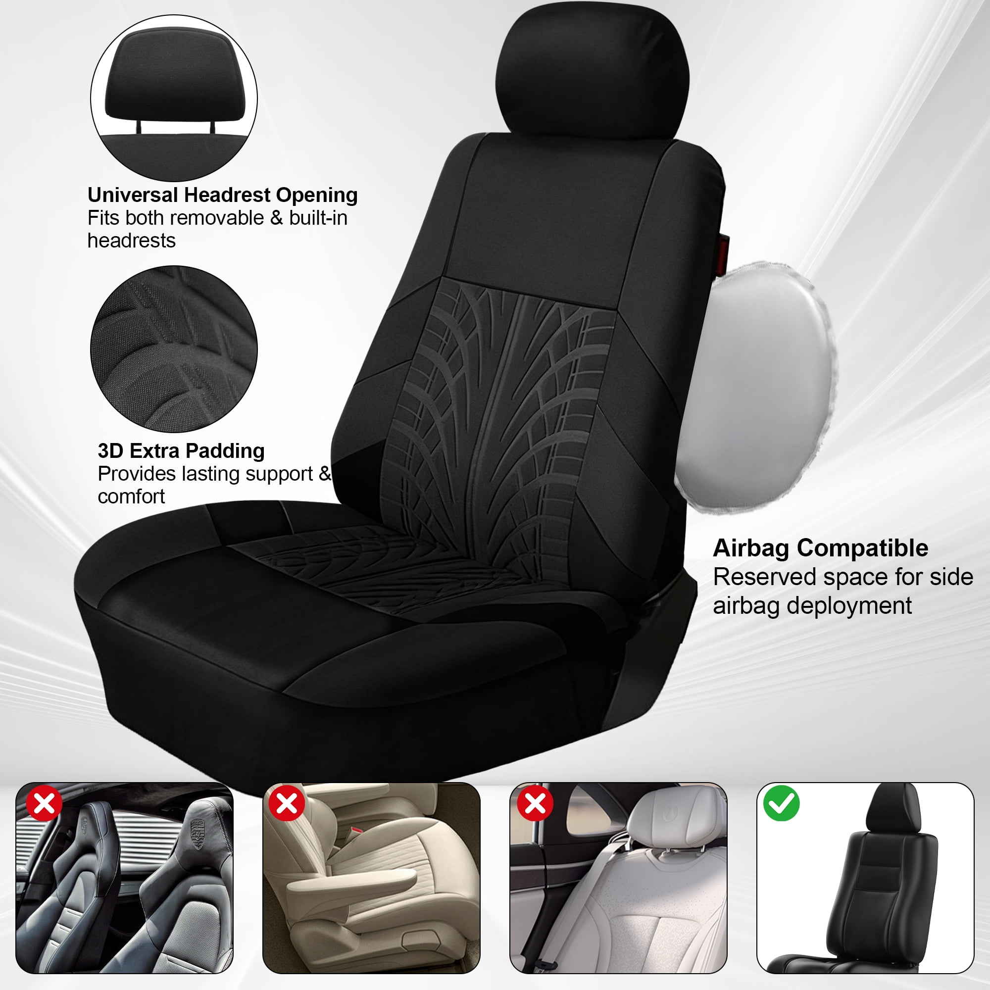 FLORAY 9-Piece Car Seat Covers Full Set - Airbag Safe, Thickened Quilted Cloth, Machine Washable - Universal Fit for Cars, SUVs & Trucks (Solid Rear Bench), Black