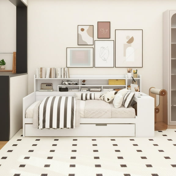 Wooden Twin Size Daybed with Storage Shelves, Multi-functional Bed with Twin Size Trundle Bed and Study Desk, Antique White