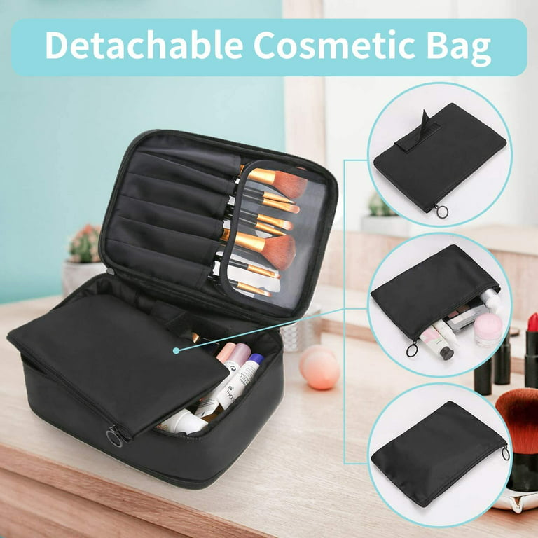 DIMJ Makeup Organizer Bag for Women, 2 in 1 Waterproof Travel Jewelry  Organizer Case with Compartments, Portable Makeup Bag for Cosmetics Brushes  Necklaces Earrings Bracelets Toiletry Black 