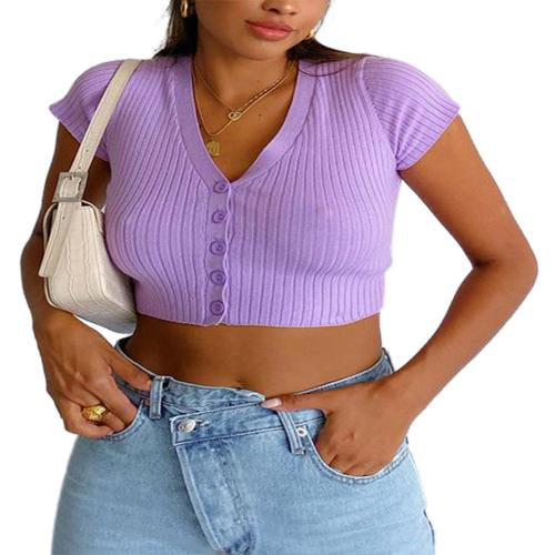 Multitrust Women's Summer Knit Crop Top Solid Short Sleeve Button 