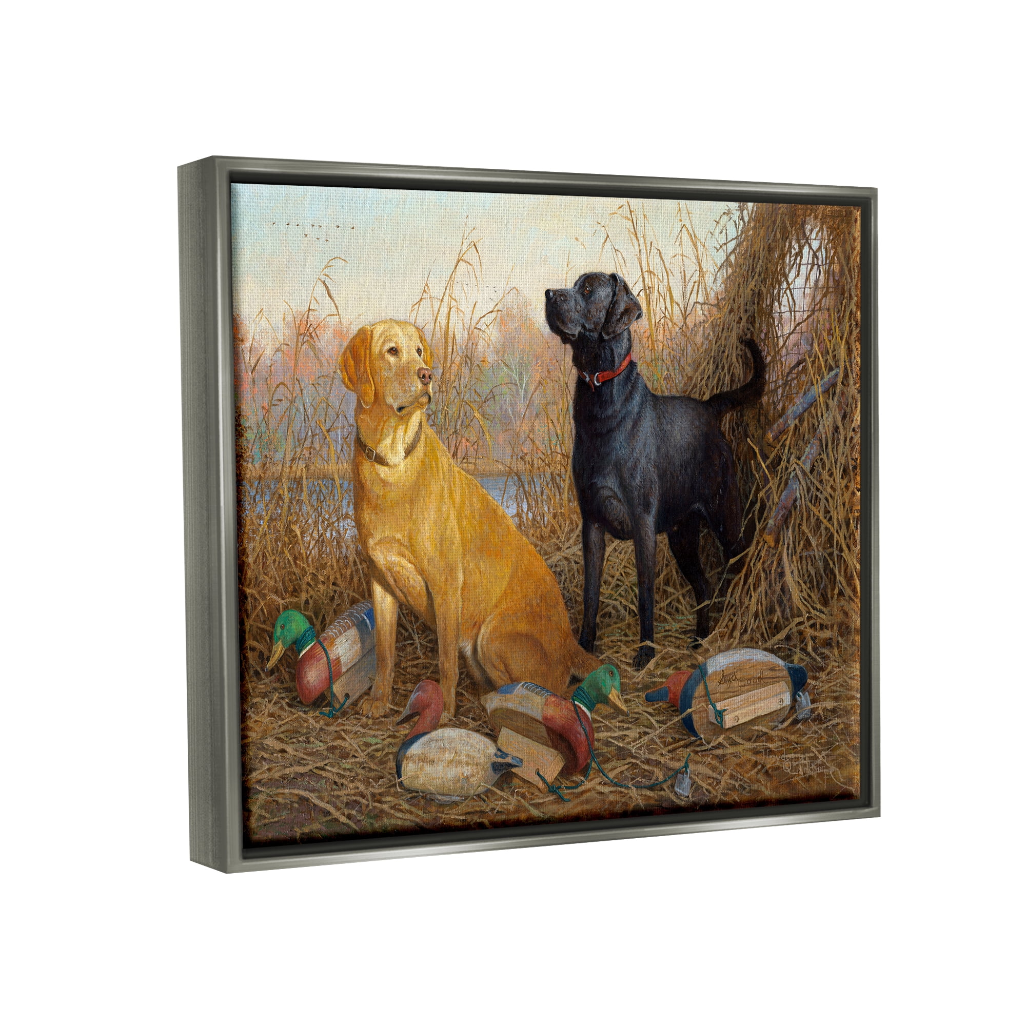 Stupell Industries Hunting Dogs with Decoys Animals & Insects Painting Gray Floater Framed Canvas Art Print Wall Art, 31 x 25