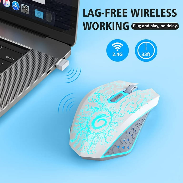 LuLabboard Wireless Gaming Mouse, Rechargeable Wireless Computer Mouse,  7-Color LED Light, Ergonomic Mouse with 6 Silent Click Buttons, 3  Adjustable