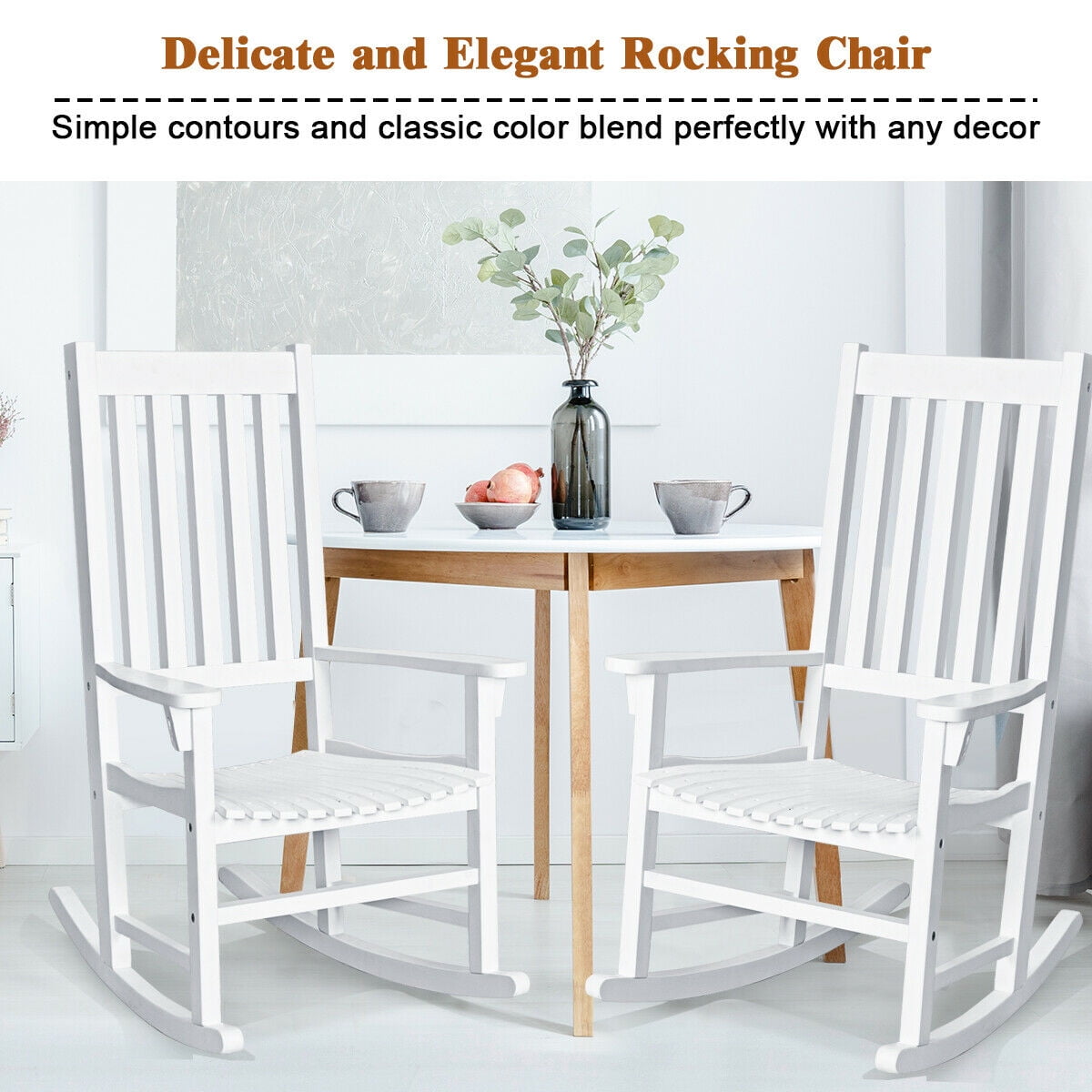 Gymax Wooden Rocking Chair, High Back Porch Rocker White