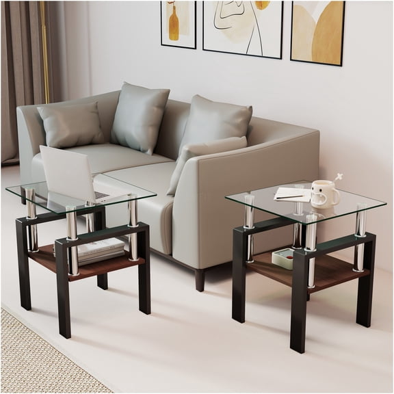 JERFIT 2-Pack Modern Square End Tables with Tempered Glass Tops for Living Room, Bedroom, Sofa Side or Coffee Table, Black