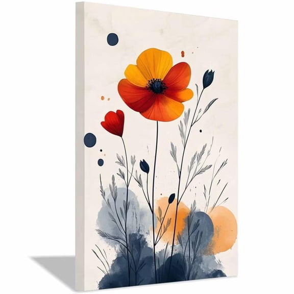 Mudket Framed,Abstract Flower Canvas Wall Art,Ready to Hang,Orange Red Floral Canvas Print,Botanical Wall Decor, Flower Artwork,for Bedroom Kitchen Office Farmhouse Decor - 12"L x 8"W
