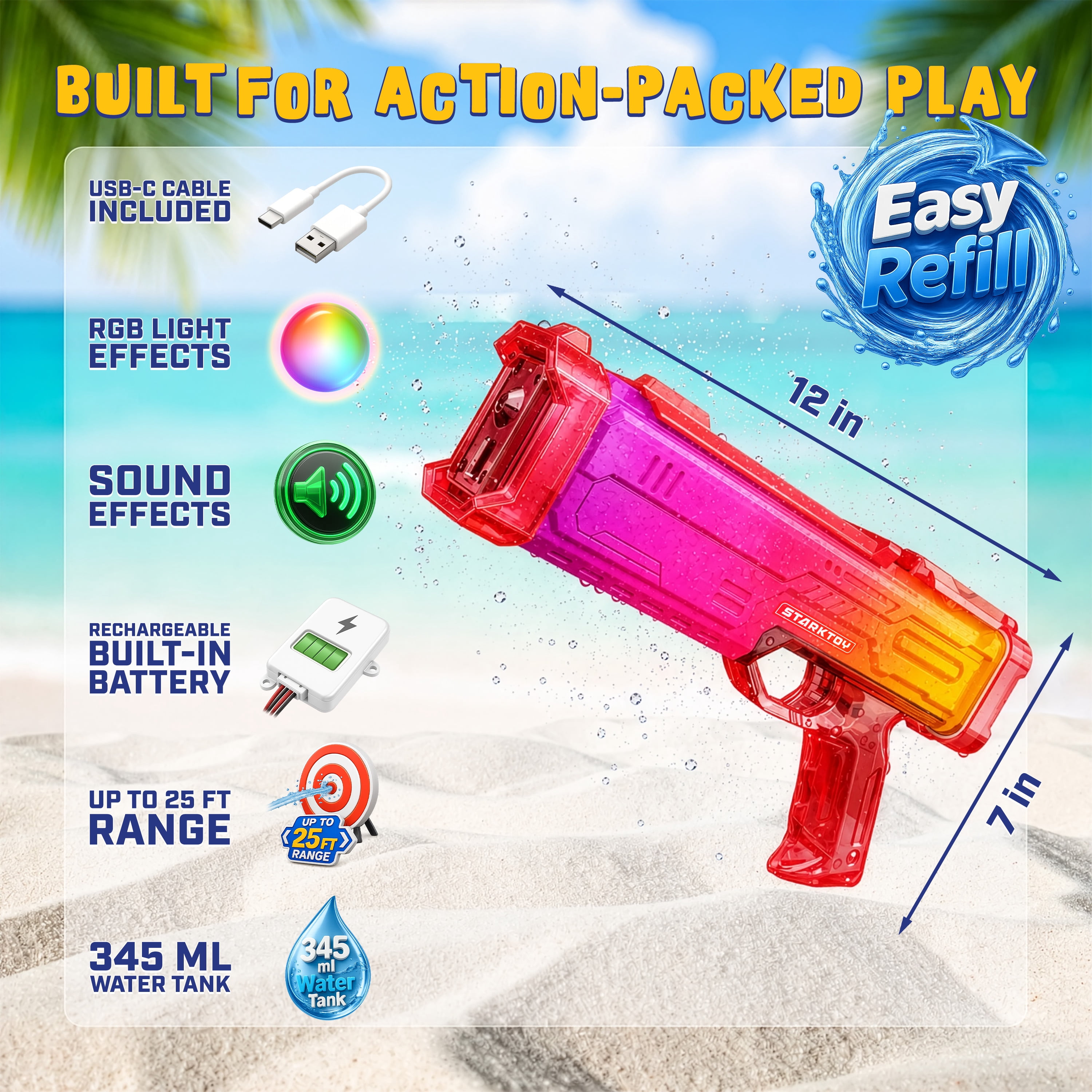 STARKTOY Electric Water Blaster Light Up Full Body Color Changing LED Squirt Gun, Automatic Rechargeable Water Gun for Kids and Adults, Long Range Soaker, Red