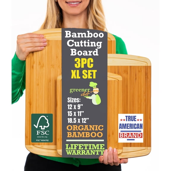 (Open Box) Greener Chef 3-Piece Organic Bamboo Cutting Board Set with Deep Juice Grooves, Two Tone