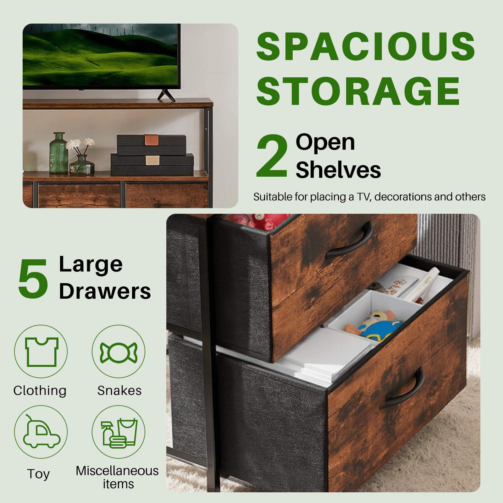 TINKLE WELL Storage dresser TV stand with 5 Fabric Drawers and Wood Open Shelf, Media Console Organizer for 45'' TV, Ideal for Living Room, Bedroom, or Apt, Brown
