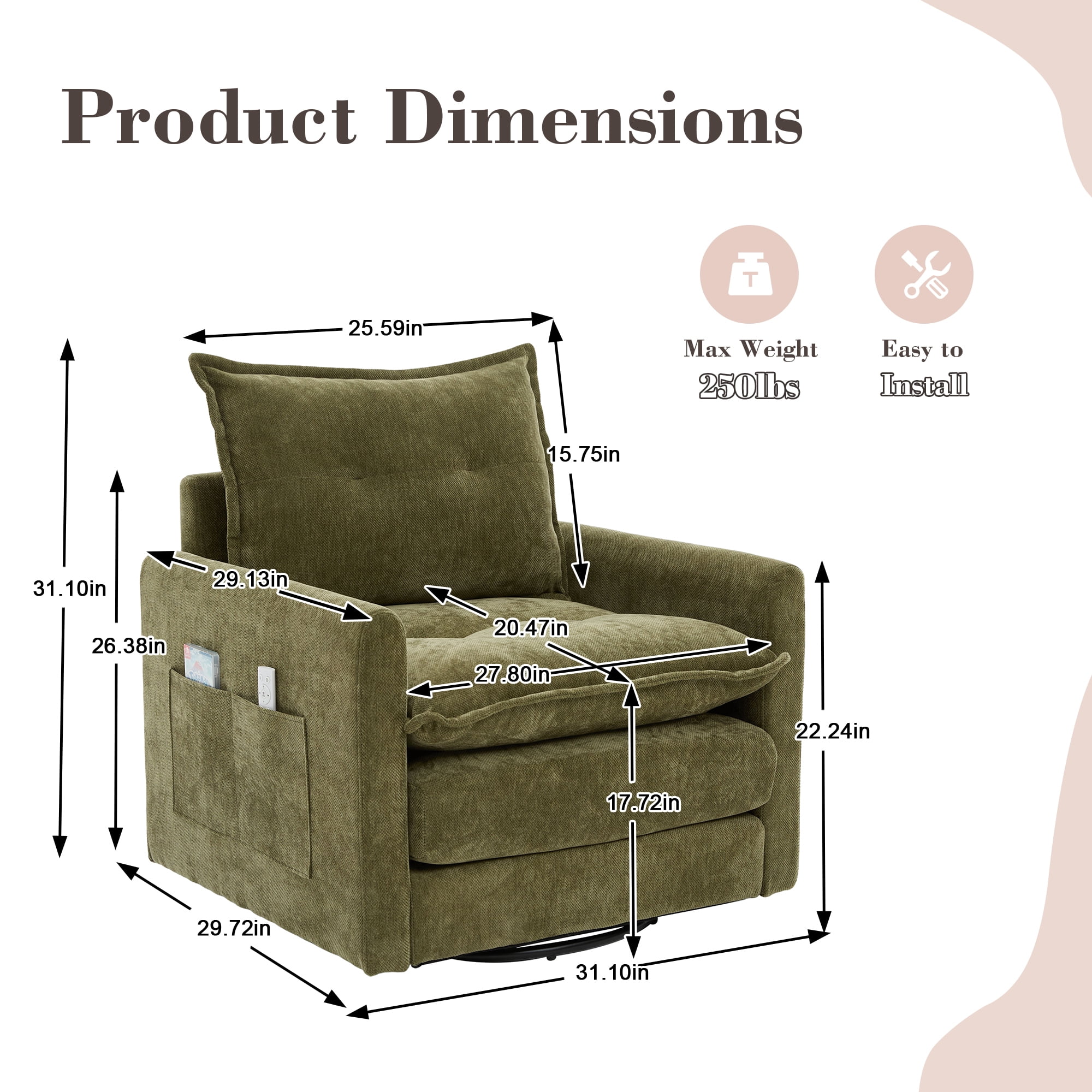 Leumius Swivel Accent Chair,Mid Century Modern Chenille Armchair with Thick Padded and Metal Base,Swivel Single Sofa Chair Barrel Reading Chair for Living Room Bedroom,Olive