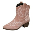 thumbnail image 6 of Womens Retro Cowboy Boots Vintage Suede Embroidered Wide Mid Calf Cowgirl Boots Chunky Heel Slip on Short Dress Booties for Winter Fall Pink Size 8, 6 of 7