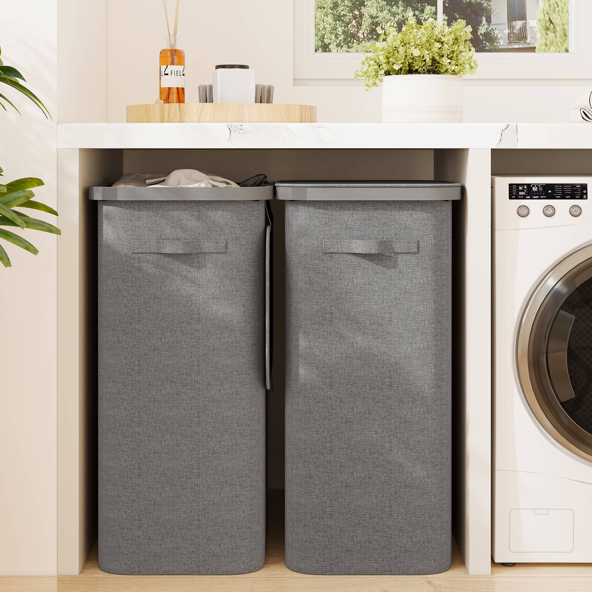 BGTREND 2PCS Slim Laundry Hamper with Lid 110L Foldable Clothes Basket with Removable Mesh Bag & Handle for Closet Bathroom Bedroom (Gray)
